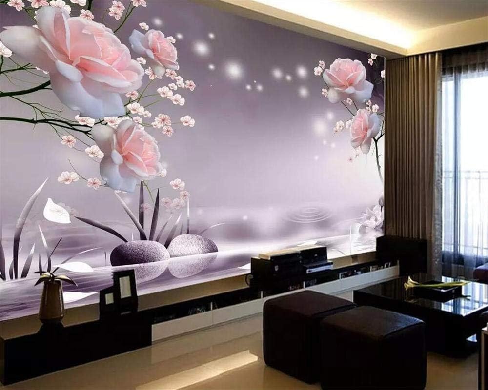 Rosa Rosen Pfirsichblüten Steine 3D Tapete Poster Restaurant Schlafzimmer Wohnzimmer Sofa TV Dekorative Wand-200cm×140cm