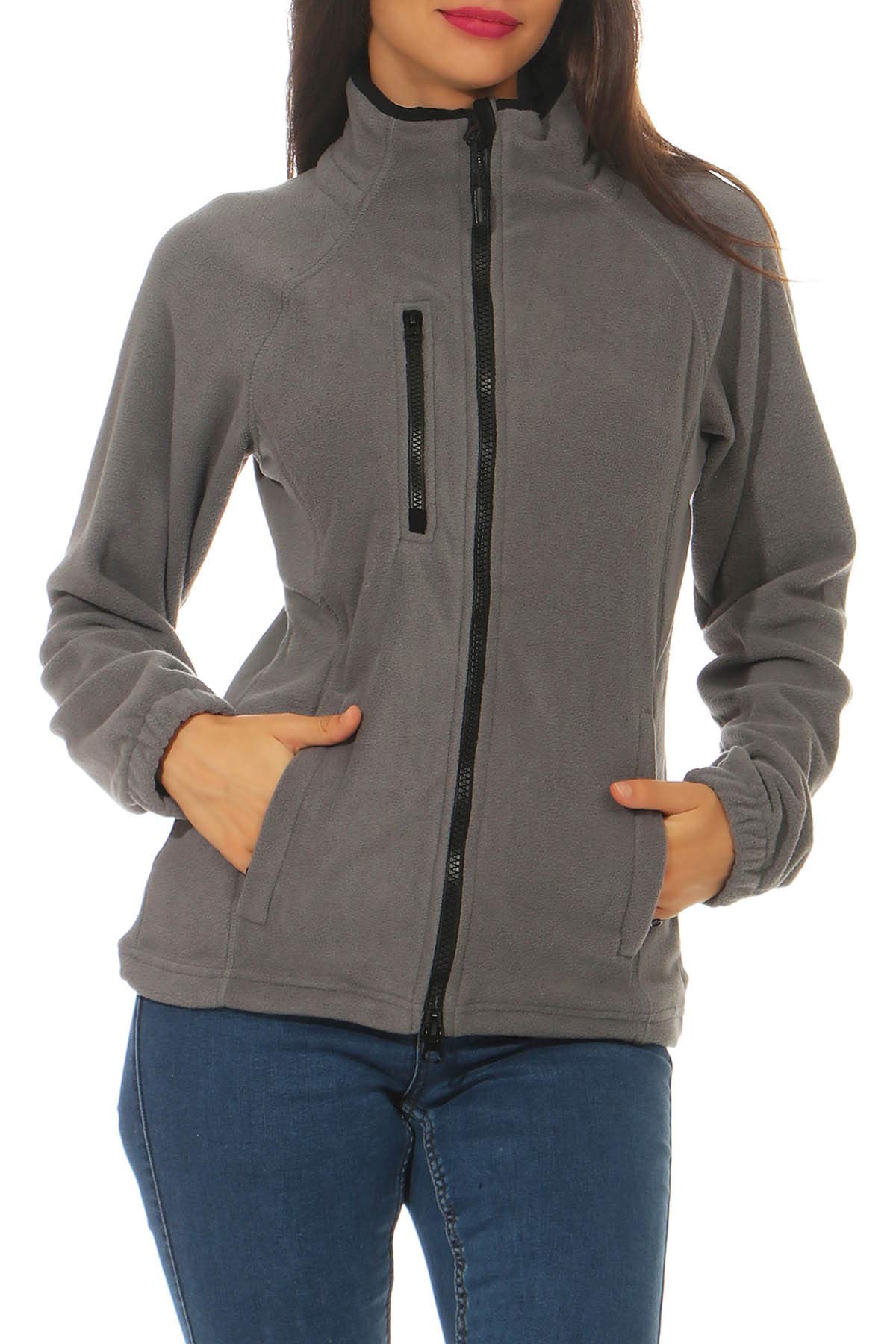 Happy Clothing Damen Fleecejacke Microfleece Outdoor-Jacke ohne Kapuze mit Kragen Dunkelblau Schwarz S M L, Größe:XS, Farbe:Anthrazit