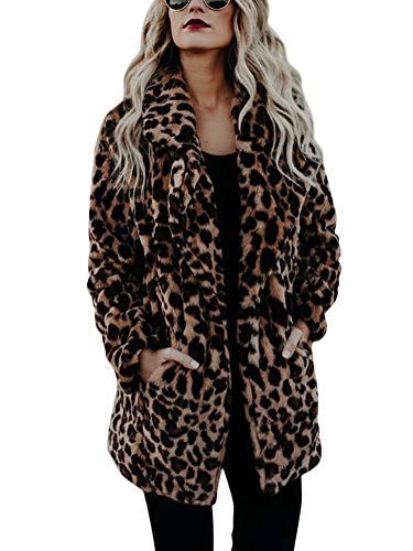 ShallGood Frauen Leopardenprint Trenchcoat Winter Warm Wollmantel Outwear Damen Casual Wintermantel Einfarbige Oberbekleidung Winterjacke Mantel Jacke Solid Coat Braun DE 42