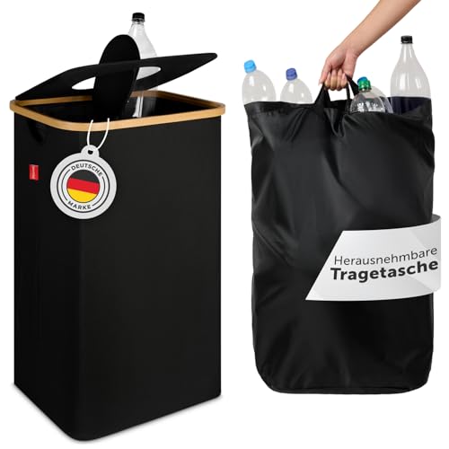 Blumtal Pflandflaschen Sammelbehälter 100L - Bambus Pfandflaschen Organizer mit Pfandflaschen Tasche - Pfandflaschen Behälter - Leergut Sammelbehälter mit Loch- Pfandflaschen Sammelbehälter Schwarz