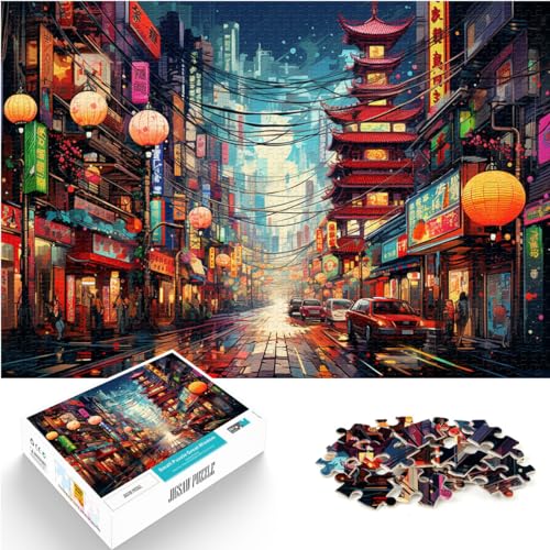 Puzzle für farbenfrohe Psychedelie der japanischen Stadt Tokio, Puzzle 1000 Teile für Erwachsene, Holzpuzzle als Geschenk, 1000 Teile (50 x 75 cm)