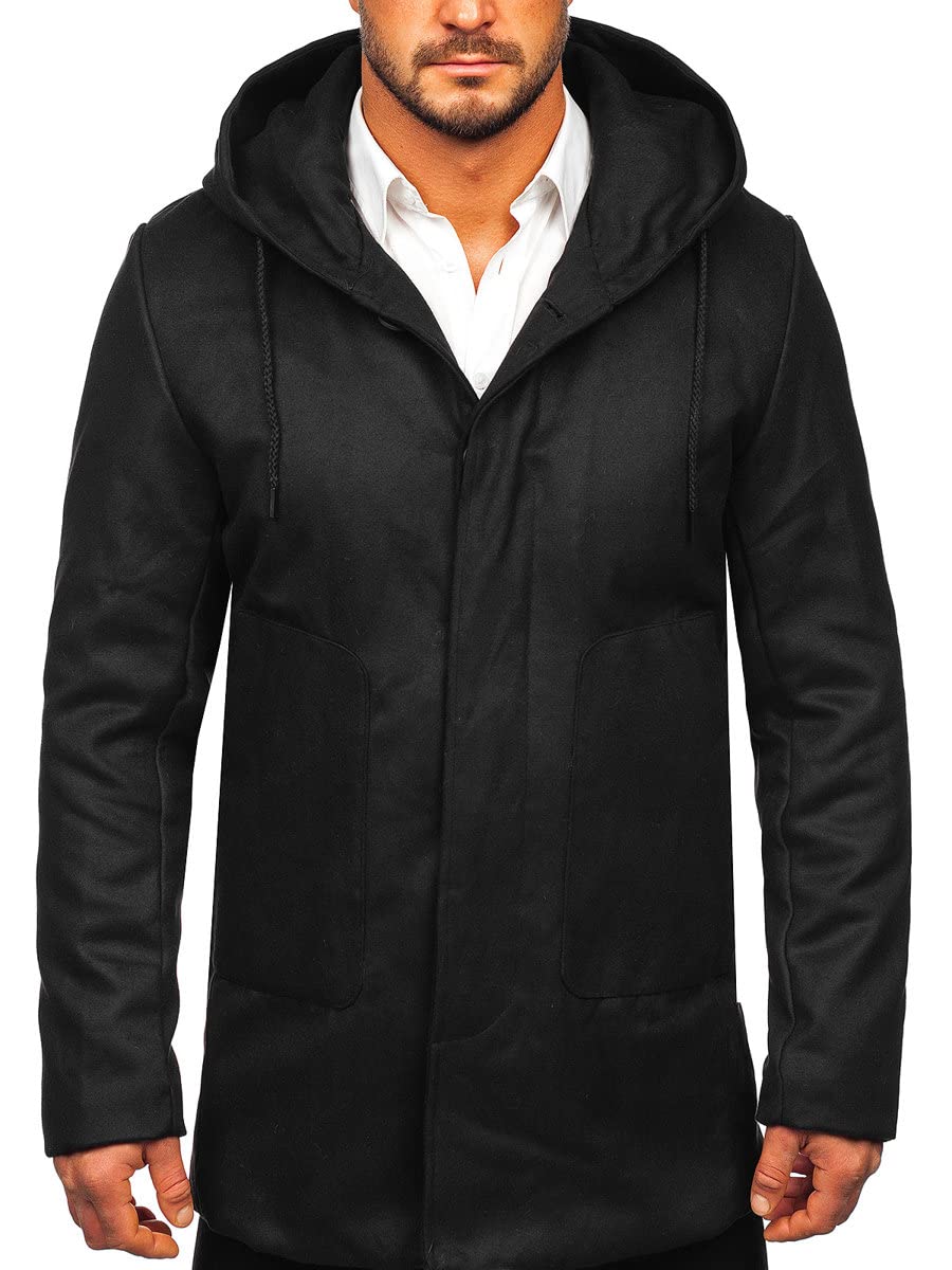 BOLF Herren Mantel Wintermantel mit Kapuze Winter Jacket Business Freizeit Herbst Jacke Mittellang Trenchcoat Outdoor Style 79B3-197 Schwarz XL [4D4]