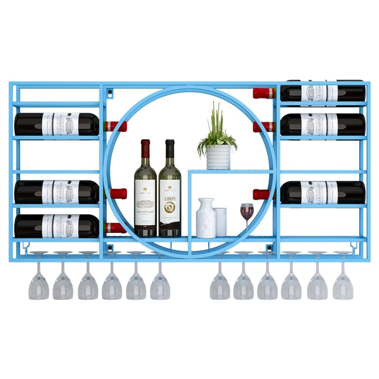 Hängende industrielle runde Weinregale, Weinhalter aus Eisen, moderner multifunktionaler Weinhalter aus Metall for die Küche, das Zuhause, die Bar oder das Café(Blue,110x62x11cm/43x24x4.3in)