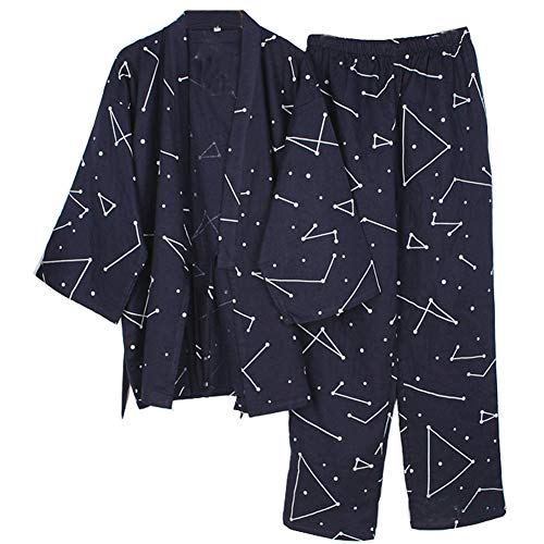 Fancy Pumpkin Männer japanischen Stil Baumwolle Kimono Pyjamas Anzug Bademäntel Set-geometrische Muster [Navy Größe L]