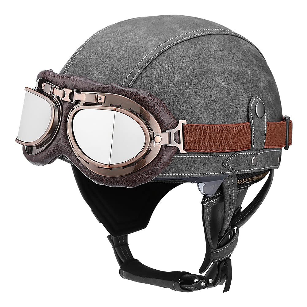 Deutsche Leder Motorrad Halbhelme mit ECE, Vintage Helme mit Schutzbrille, Jethelm Retro, Chopper Helm, Scooter-Helm, Offenem Helm, mit Sonnenblende und Herausnehmbares Innenfutter