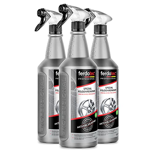 ferdotec® Spezial Felgenreiniger (3 x 1 L) kraftvoll und säurefrei | Autofelgenreiniger mit Wirkindikator für Alufelgen, Stahlfelgen, polierte, verchromte, Matte Felgen | Premium Felgenpflege