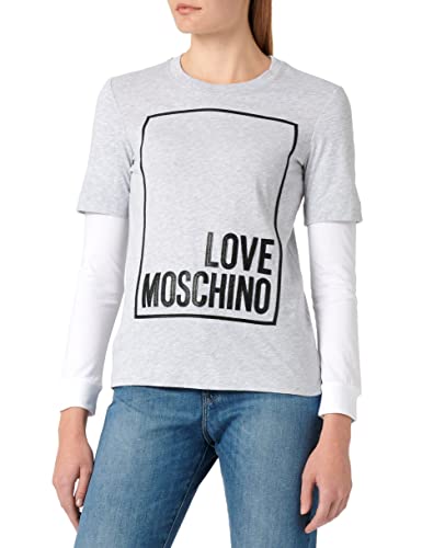 Love Moschino Damen Regular Fit Long Sleeves With Logo Box Design T Shirt, Grey Black White, 42 EU