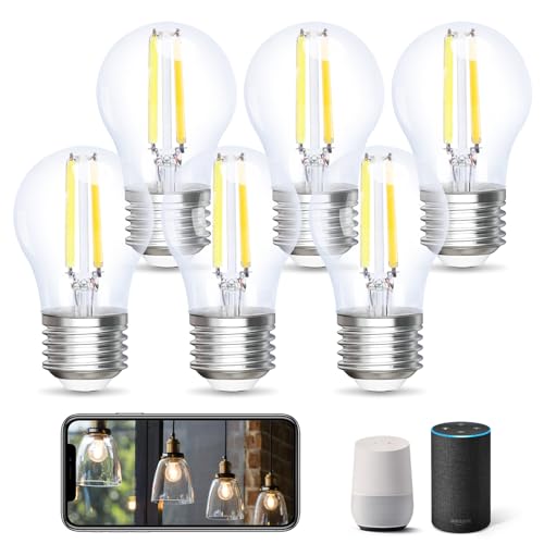 Aigostar Alexa Glühbirne E27， Smart LED Vintage Lampe， Smarte Glühbirne G45 Transparent Globe， 4.5W 470LM， Warmweiß Dimmbar 2700K -6500K， Kompatibel mit Alexa und Google Home， 6 Stücke