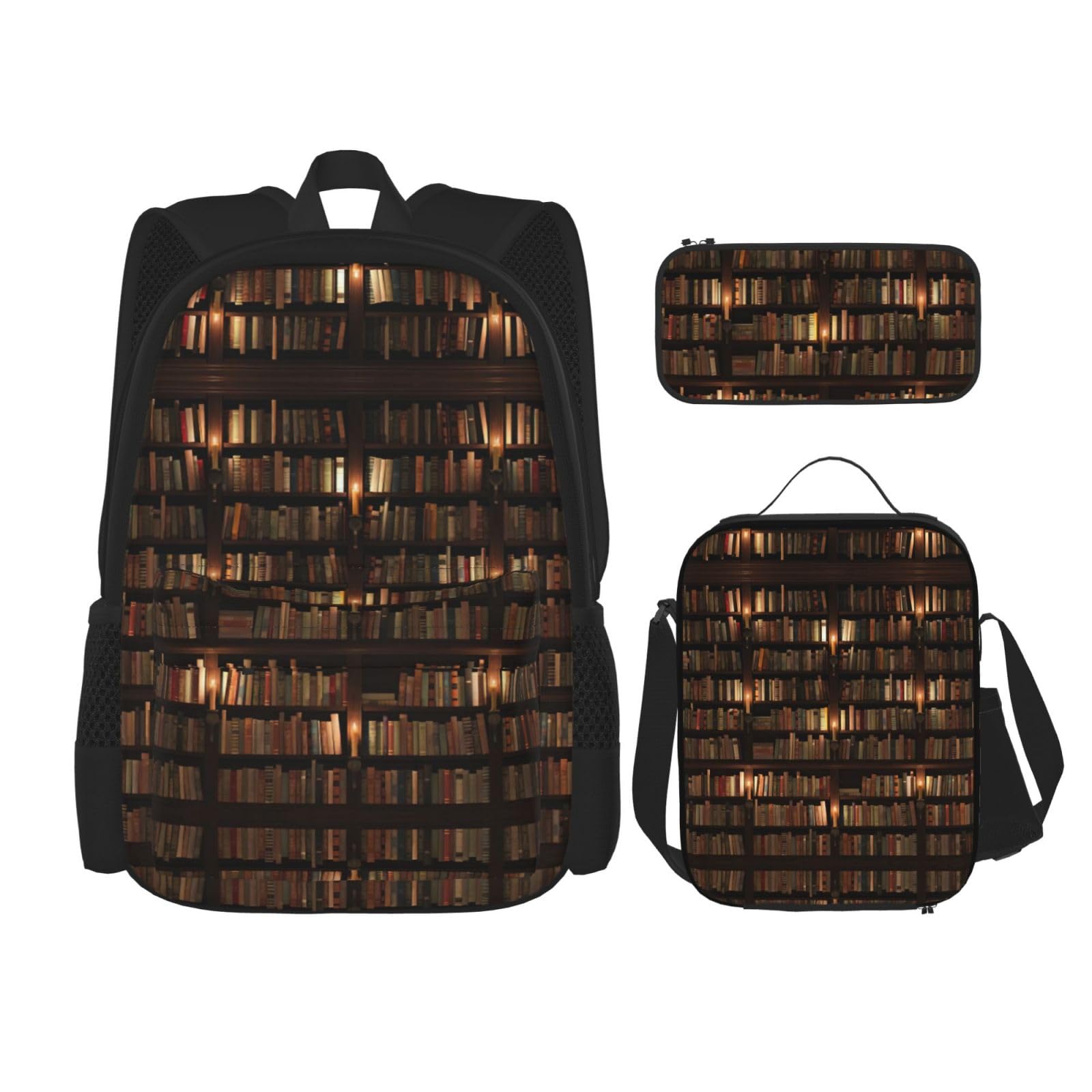 WURTON Bibliotheks-Bücherregal, Buchdruck, verstellbare Schultergurte, Rucksack-Set, Lunchtasche, Federmäppchen, Kombinationstaschen-Set