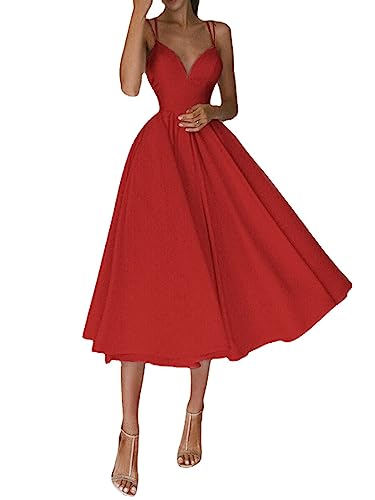 Elegantes Kleid mit V-Ausschnitt,Damen V-Ausschnitt Spaghetti-Träger Rückenfrei Cocktail Party Kleid Formal Brautjungfer Sonnenkleid (Red,S)