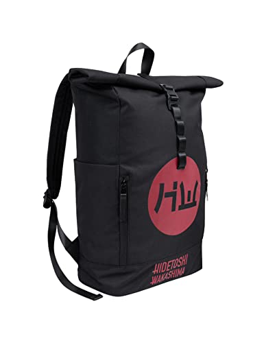 HIDETOSHI WAKASHIMA Rolltop Rucksack, Maße: 39 x 58,5 x 13 cm, mit verstellbaren, gepolsterten Schultergurten, höhenverstellbar von 44 cm bis 47 cm, flexibles Fassungsvermögen (schwarz/rot)