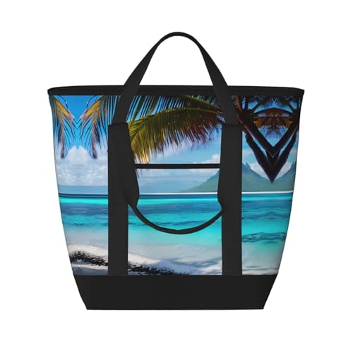 YQxwJL Isolierte Kühltasche mit Tahiti-Stranddruck, großes Fassungsvermögen, Einkaufstasche, Reisetasche, Strand, wiederverwendbare Einkaufstasche für Erwachsene, Schwarz, Einheitsgröße