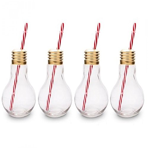 CKB Ltd® Pack of 4 Edison Light Bulb Neuheit Gläsersets Trinkgläser mit Deckel und Trinkhalm Stroh 4 Gläser Set Ideal für Soft Getränke, Bier, Cocktails und Rum