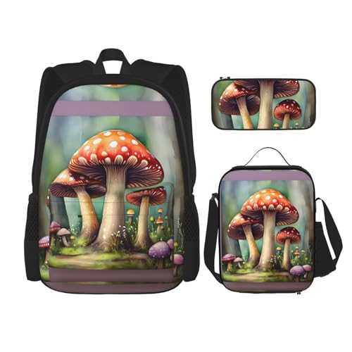 WURTON Japanische Malerei Pilz Druck Reise Lunchbox Federmäppchen Rucksack Set 3 Stück Verstellbare Träger Leicht, Schwarz, Einheitsgröße