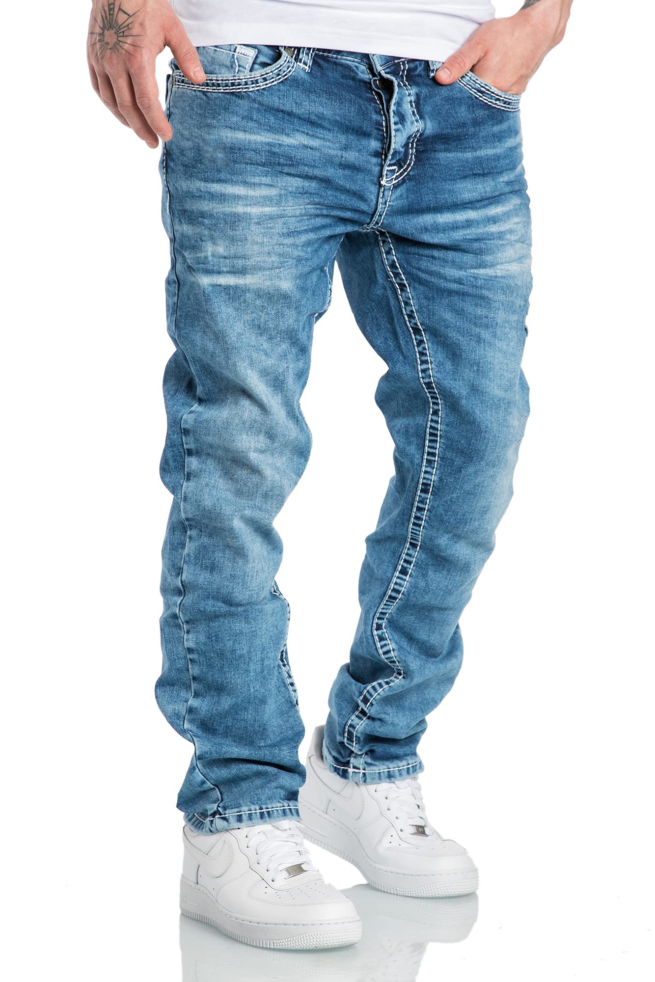 Amaci&Sons Herren Dicke Nähte Destroyed Jeans Regular Slim Denim Hose Fit 7983WC Hellblau W30/L30