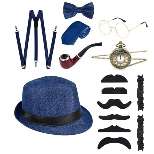 MEELYHOME Modisches Gangster-Kostüm, 1920er-Jahre-Rollenspiel-Kostüm, Outfit mit Taschenuhr, Schnurrbärte, Fliege, Abschlussball, Partyzubehör, Hochzeitszubehör