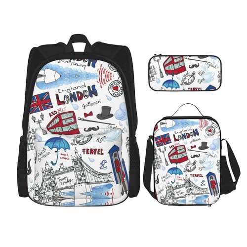 WURTON Schulrucksack-Set mit London-Druck, 3-in-1, Büchertaschen-Set mit Lunchbox, Federmäppchen, Reise-Laptop, Tagesrucksäcke