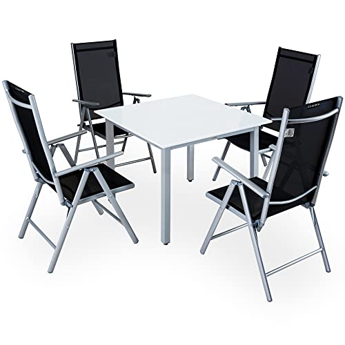 Casaria Sitzgruppe Bern 4+1 Aluminium 7-Fach verstellbare Stühle Hochlehner Gartentisch Milchglas Gartenmöbel Set Silber