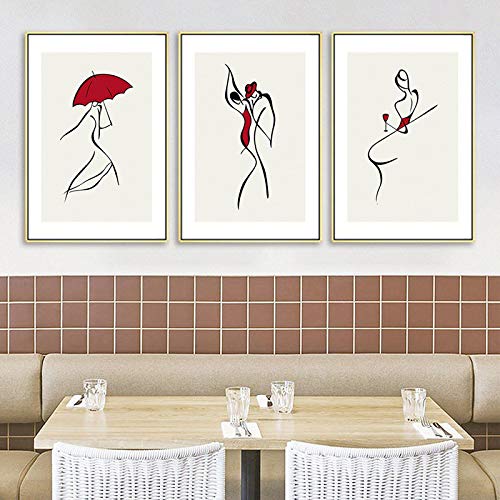 Lady Strichzeichnung Bild Roter Regenschirm Tanzendes Mädchen Leinwand Gemälde Moderne Minimalistische Wandkunst Poster Ästhetische Raumdekoration 40x50cmx3pcs Rahmenlos