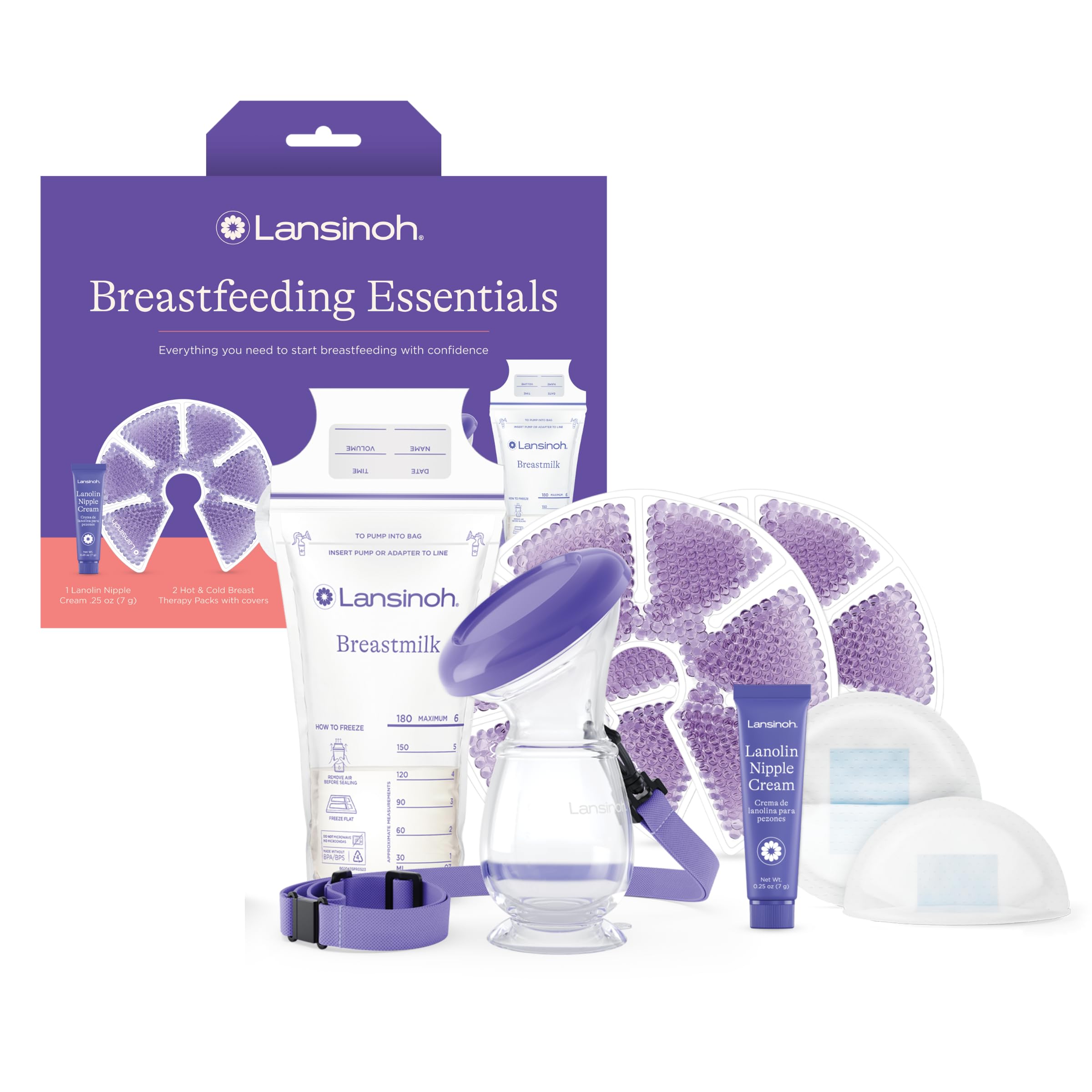 Lansinoh Still-Essentials-Set für stillende Mütter: Brustwarzencreme, Stilleinlagen, Muttermilch-Aufbewahrungsbeutel, Heiß- und Kaltmilchtherapie-Packungen, Silikon-Milchpumpe, 77 Stück