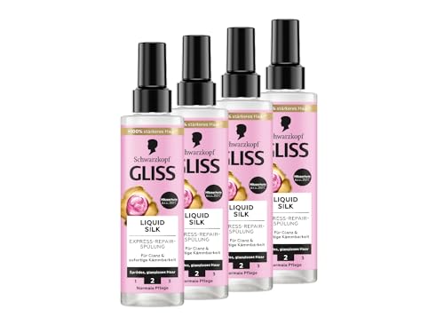 Gliss Express-Repair-Spülung Liquid Silk (4x 200 ml), Haarspülung für außergewöhnlich weiches Haar, Pflegespülung mit Hitzeschutz bis zu 230 °C