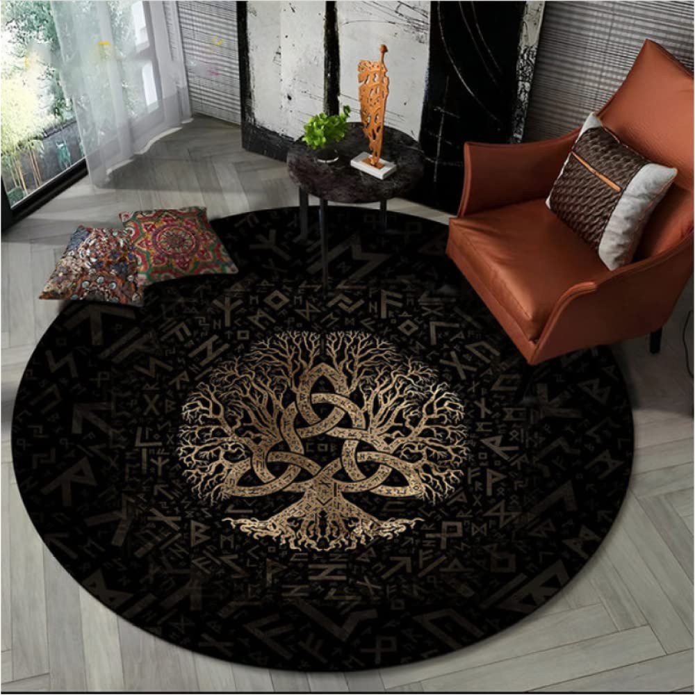 CKSEKD Wikinger Valknut Tree of Life Runder Teppich für Wohnzimmer Schlafzimmer Sofa Spielzimmer Dekor rutschfeste Bodenmatte 120cm