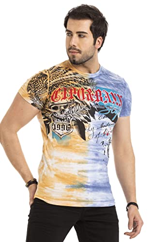 Cipo & Baxx Herren T-Shirt Print Batik Vintage Kurzarm Fashion Rundhals Shirt CT684 Gelb XXL