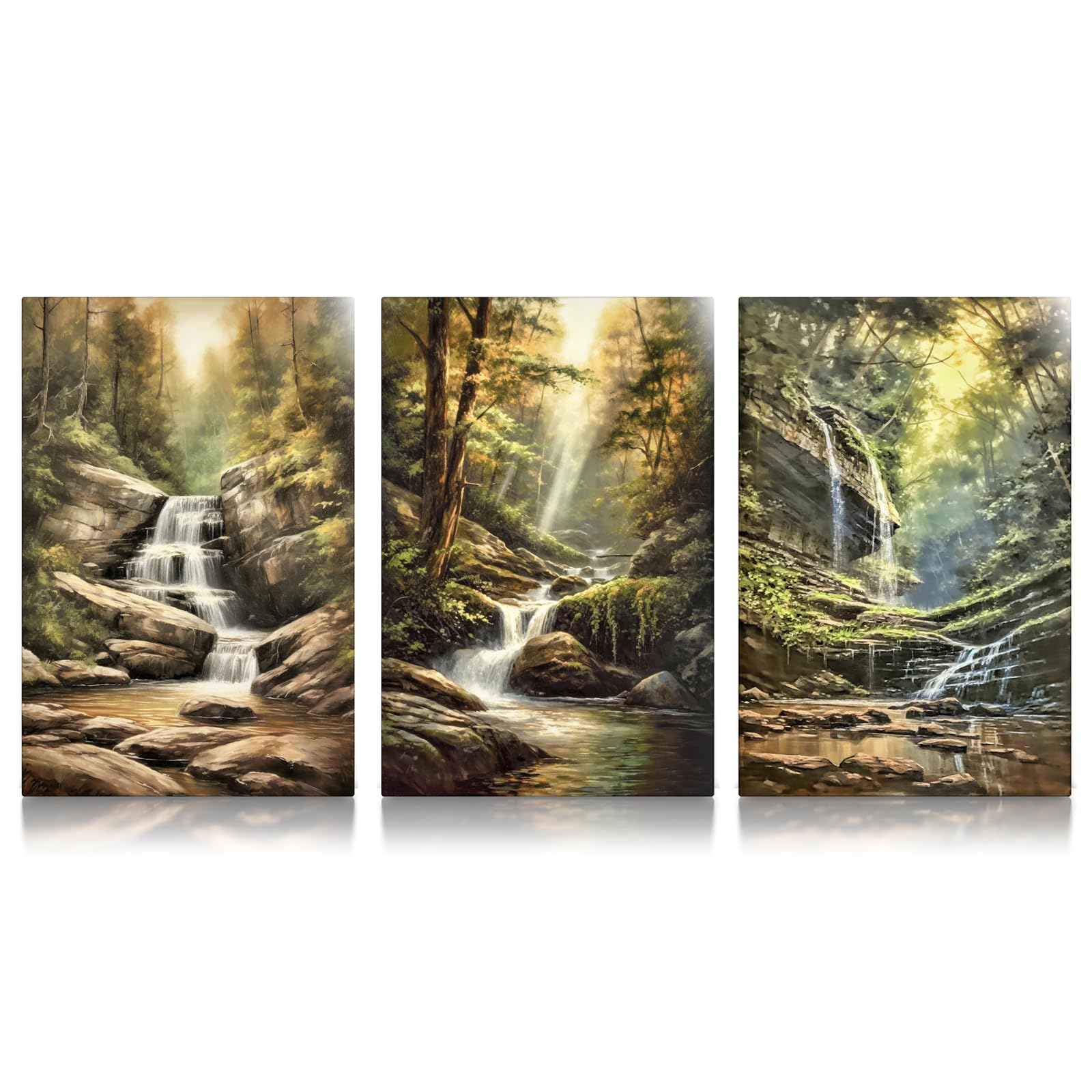 CanvasArts Wasserfall im Wald 3er Set - Leinwand Bilder - Natur Malerei (40 x 30 cm, Leinwand auf Keilrahmen, Wasserfall 3er Set)