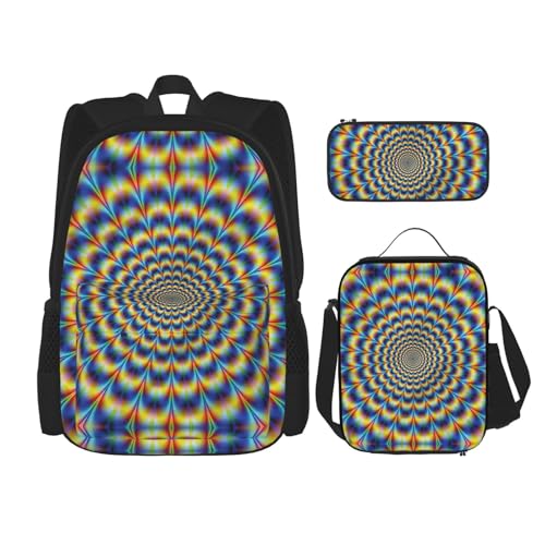 WURTON Spiral-Rucksack mit optischer Illusion, Gif-Druck, für Mädchen, Jungen, Schultaschen, Teenager, Lunchbox und Federmäppchen, 3-in-1-Büchertaschen-Set