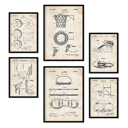 Nacnic Set von 6 Plakaten mit Basketball Patenten. Plakate mit Retro-Patentabbildungen. Inneneinrichtung im Vintage-Stil. Grösse A4 und A3. Mit Rahmen.