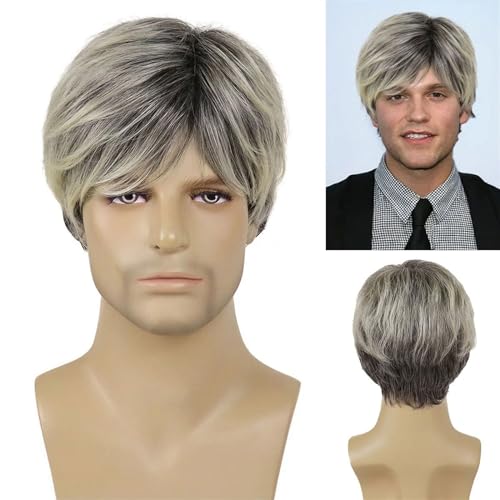 Toupet für Männer Natürliche hitzebeständige Cosplay-Party-Perücke, synthetische Herrenperücke, Schwarz-Mix aus grauem Haar, kurze lockige Perücke for männliche Vater-Geschenk-Perücke Männer Haarersat