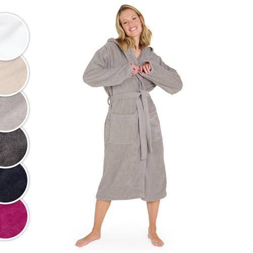 Blumtal Bademantel Damen, kuschelig weicher Bademantel Damen Baumwolle mit gefütterter Kapuze und samtigen Frottee-Velours, Oeko-TEX® Zertifiziert, Größe XL, Grau