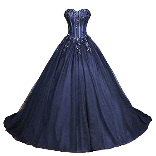 Zorayi Damen Glitzer Trägerlos Tüll Spitze Prinzessin Abschlussballkleider Ballkleid Hochzeitskleider Marineblau Größe 50