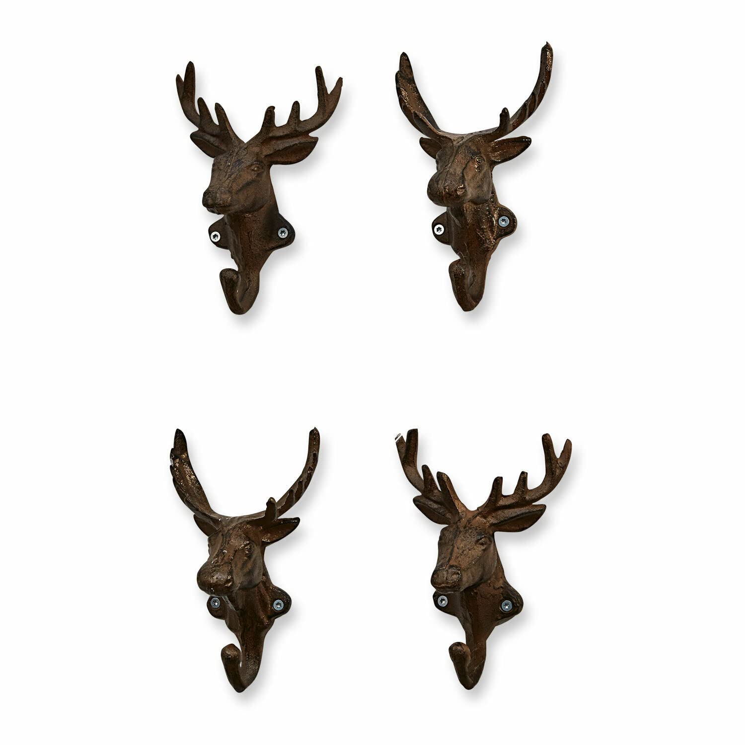 Loberon Haken 4er Set Deer - Rustikale Wandhaken in Form von Elch- & Hirschfiguren - aus Gusseisen - Rost Finish - Chalet-Stil, antikbraun