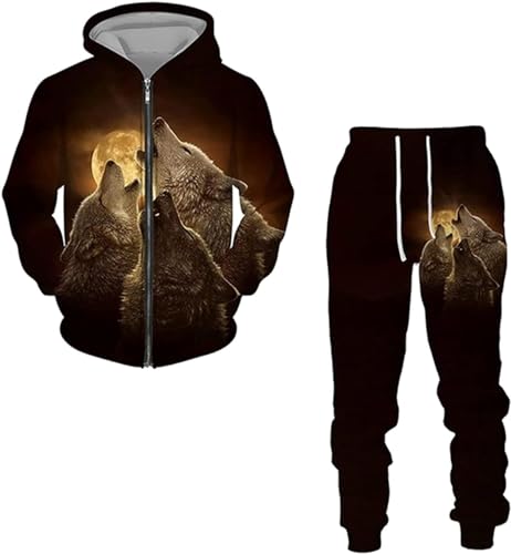 RIAAJ Wolf Herren Langarm Pullover Trainingsanzug 3D Hoodie und Sweatpants Set mit Zipper für Manner (A3,5XL)