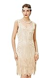 BABEYOND Damen Retro 1920er Stil Flapper Kleider mit Zwei Schichten Troddel V Ausschnitt Great Gatsby Motto Party Kostüm Kleider- Gr. XL (Fits 86-96 cm Waist & 104-114 cm Hips), Beige