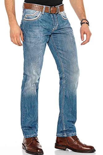 Cipo & Baxx Herren Jeans Hose Dicke Naht Modern Denim Slim Fit Jeans Regular-Fit Straight Hose C-0595 W29 L32 Blau