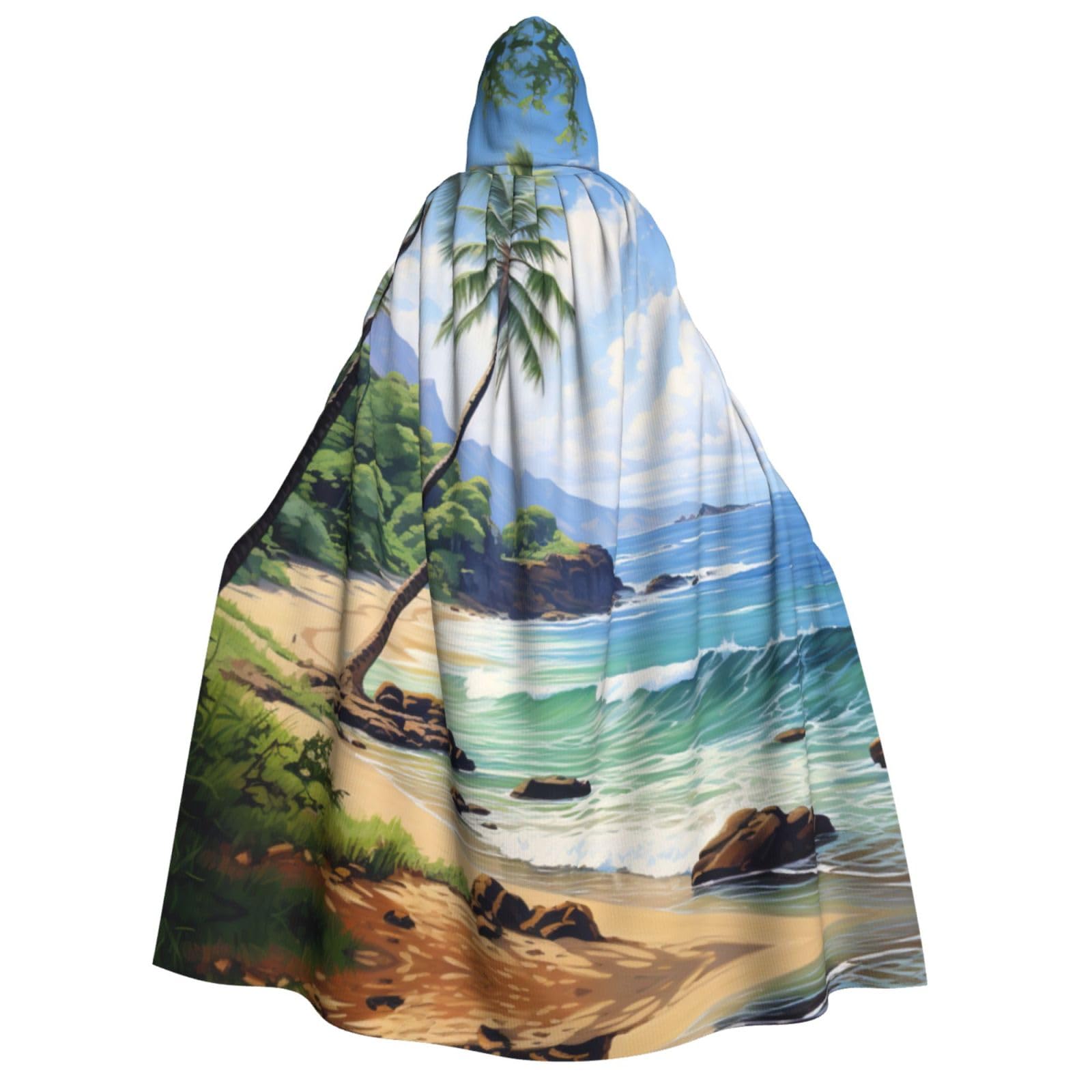 WURTON Hawaiianischer Strand mit Palmen-Druck, Unisex, Kapuzenumhang, Kostüm für Damen und Herren, Vampir, Halloween, Cosplay, Karneval, Mottoparty