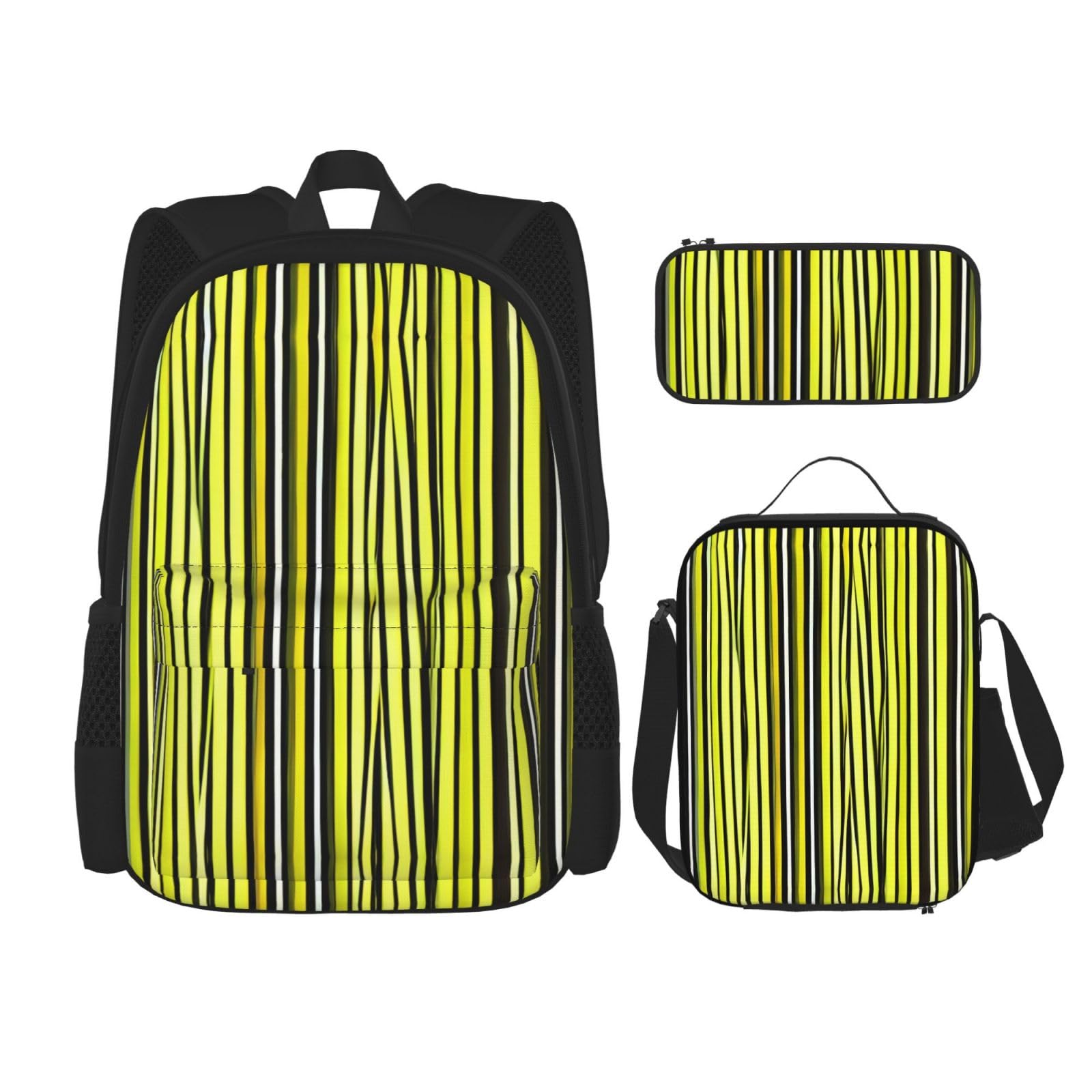 WURTON Lemon Zest Gelbe Streifen Muster Druck Reise Lunchbox Federmäppchen Rucksack Set 3 Stück Verstellbare Träger Leicht, Schwarz, Einheitsgröße