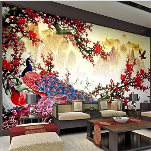 XLMING Landschaft Chinesische Malerei Pflaumenblüte Pfau 3D Tapete Wohnzimmer Sofa Schlafzimmer Esszimmer Home Dekoration Wand-200cm×140cm