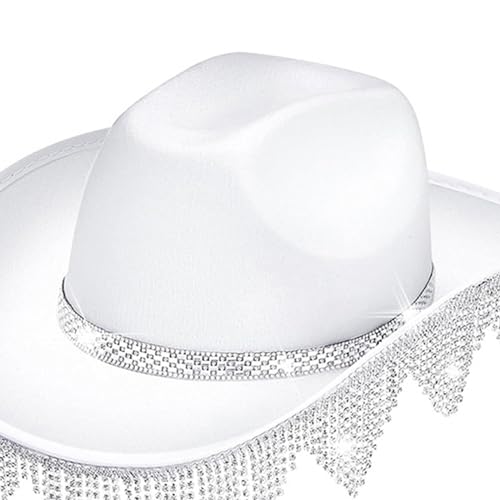 TAKOXIA Cowboyhut, gerollte Krempe, Cowboyhut mit Strass-Fransen für Abschlussbälle, Bankette, Party, Strass, Cowboyhut für Erwachsene