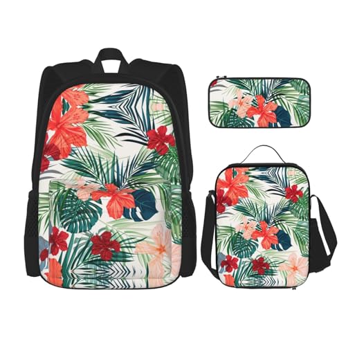 WURTON 3-in-1-Set mit Vegetationsblättern und Hibiskusblumen-Druck, lässig, verstellbar, Schulter-Rucksack, Lunch-Tasche, Federmäppchen, Beutel