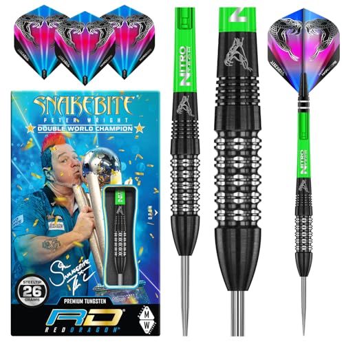 RED DRAGON Peter Wright Snakebite Black Strike 26g Tungsten Darts mit Flights und Schäfte