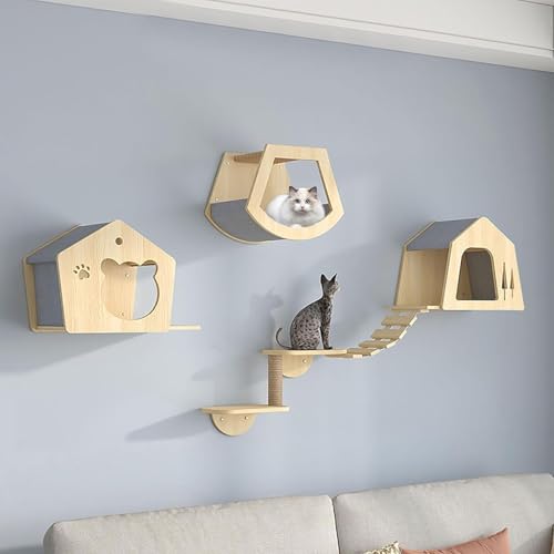 Katzen-Wandregal-Set, Katzen-Wandstange, Ilude-Katzenhaus, Katzenkratzbaum, Katzenleiter, Katzenbrücke, Sprungplattform, verdickte Platte ist langlebig, B2 – 7 Stück