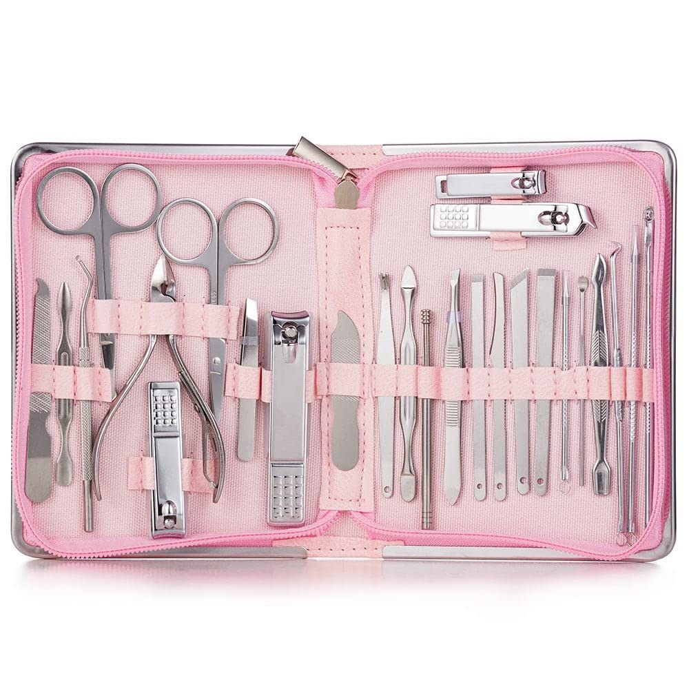 OPKDE 11–26-teiliges professionelles Nagelknipser-Set, Maniküre-Set, Edelstahl, Nagelschneider, Schere, Nagelhautzange, Nagelwerkzeug-Set (26 Stück, rosa)