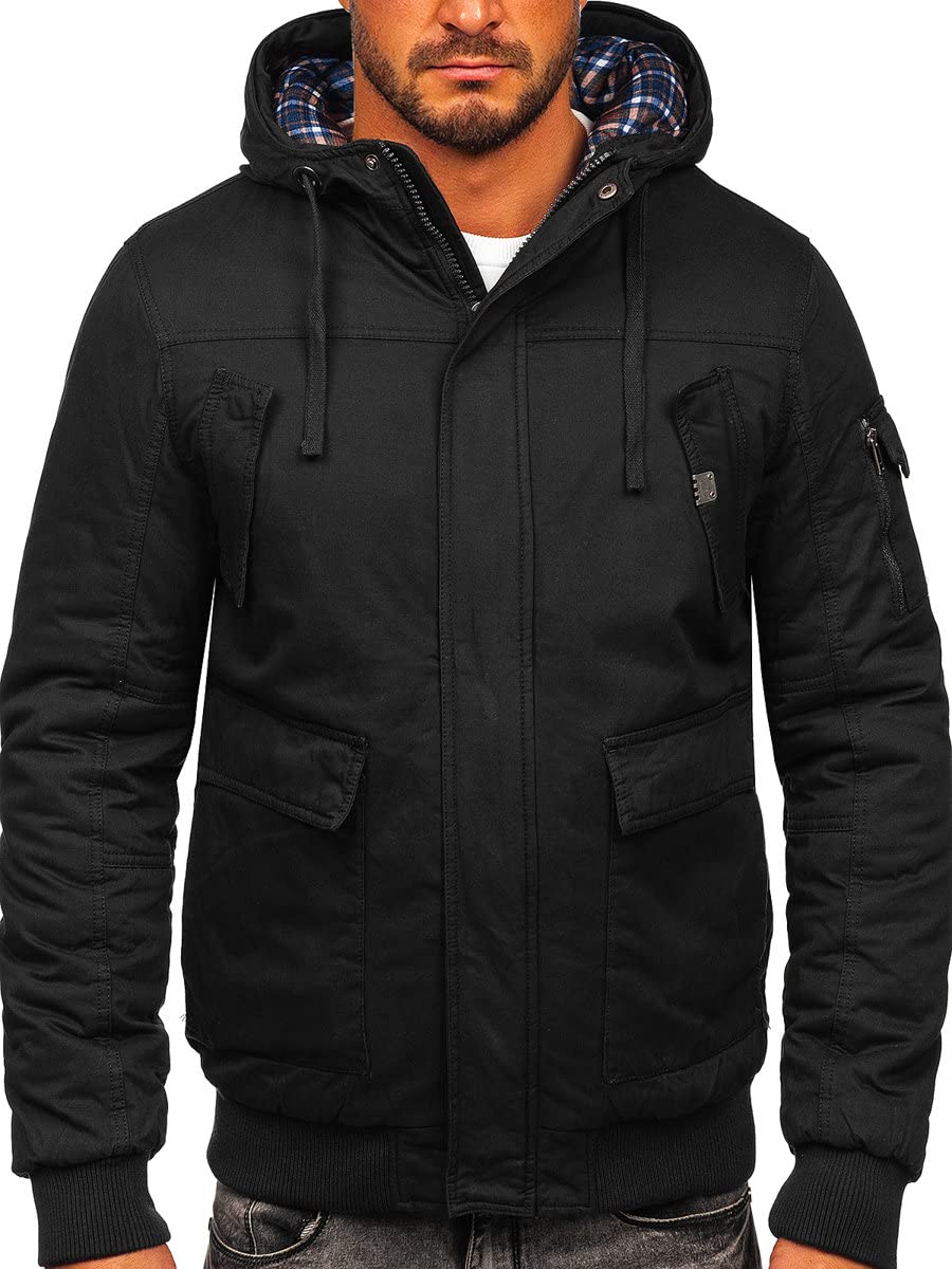 BOLF Herren Winterjacke Gefüttert mit Kapuze Kapuzenjacke Wärm Winter Herbst Freizeit Outdoor Casual Style 1890 Schwarz M [4D4]