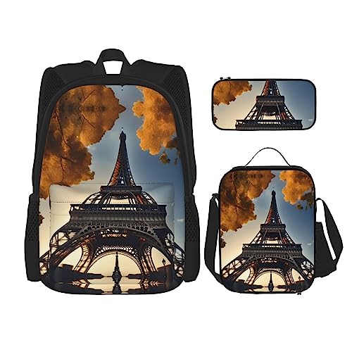 YQxwJL 3-in-1-Rucksack-Büchertaschen-Set, violettes Rosen-Skelett-Druck, lässiger Reiserucksack, mit Federmäppchen, Lunchtasche, Schöner Eiffelturm Paris, Einheitsgröße