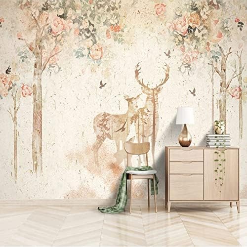 XLMING Elch Wald Handgemaltes Aquarell Baum Vogel 3D Tapete Home Dekoration Wohnzimmer Sofa Schlafzimmer Tv Hintergrund Wand-200cm×140cm