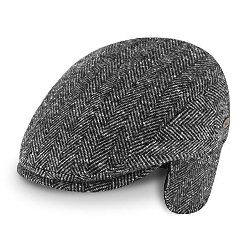 fiebig Flatcap Herringbone mit Ohrenschutz | Schirmmütze aus Wollmix mit Ohrenklappen | Fischgrät Gatsby Kappe Made in Italy (57-M, Anthrazit)