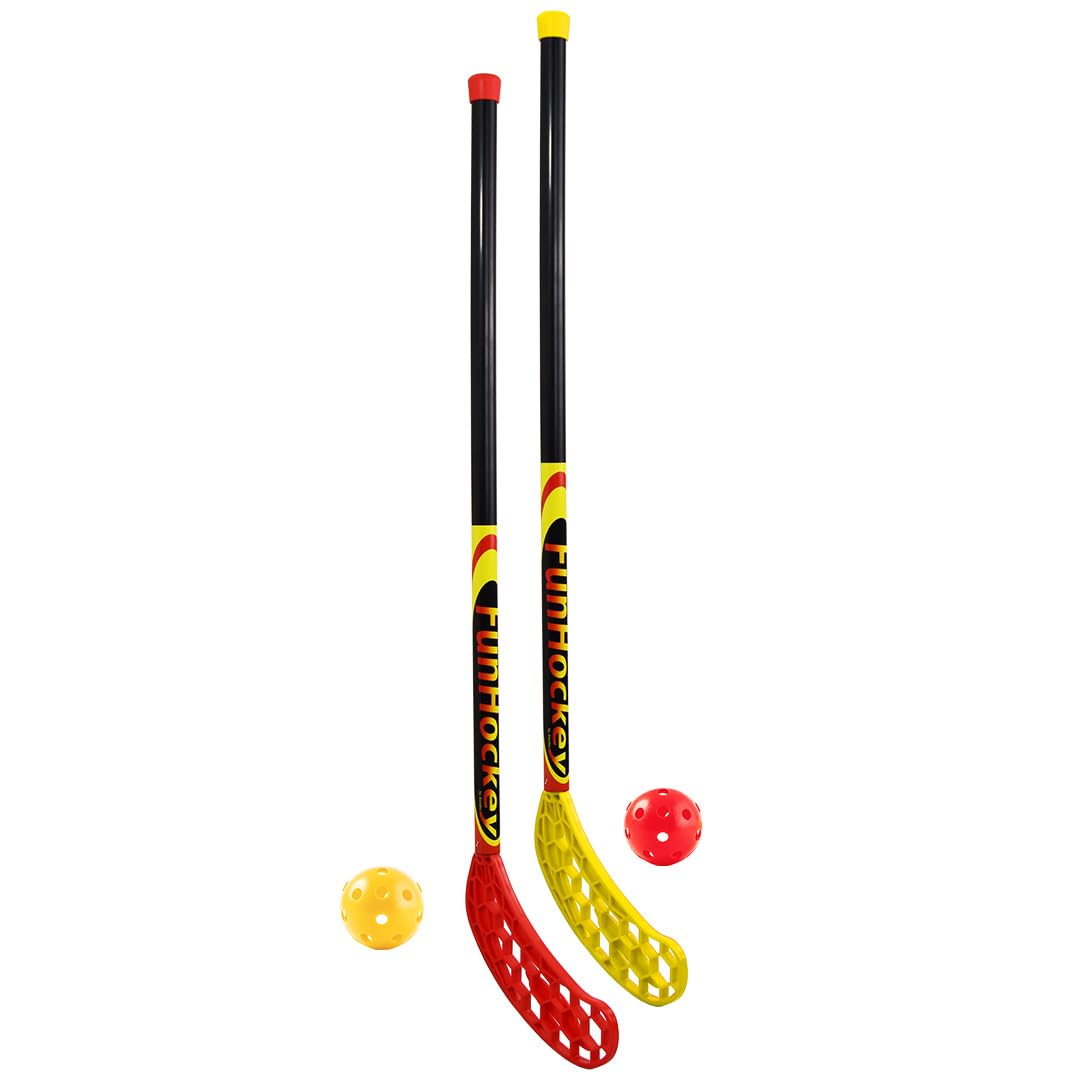 Bandito FunHockey Schlägerset inkl. Bälle für Kinder, Floorball für Garten, Floorball Stick, Streethockey Outdoor, Linkshänder, Rechtshänder, 2 Bälle und Schläger, rot und gelb